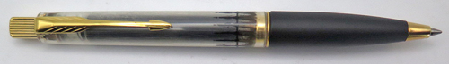 ITEM # 6689: FRONTIER SHOP PROTOTYPE BALL POINT IN CLEAR PLASTIC WITH BRUSHED STAINLESS CAP AND GOLD PLATED TRIM.